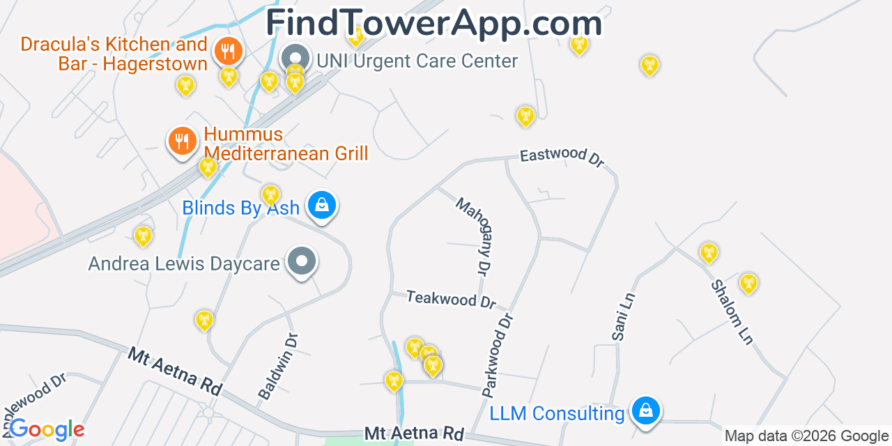 Map showing the 20 primary cell tower locations detected in Robinwood, Maryland from AT&T, Verizon, and T-Mobile networks
