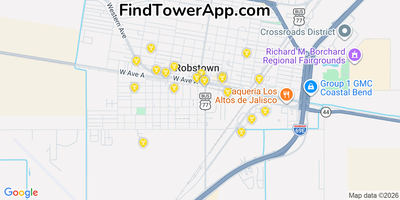 Map showing the 20 primary cell tower locations detected in Robstown, Texas from AT&T, Verizon, and T-Mobile networks