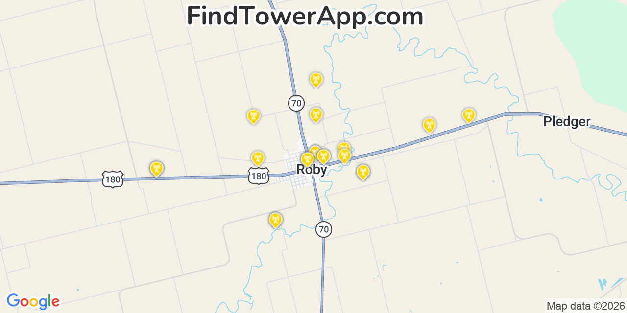 Map showing the 20 primary cell tower locations detected in Roby, Texas from AT&T, Verizon, and T-Mobile networks