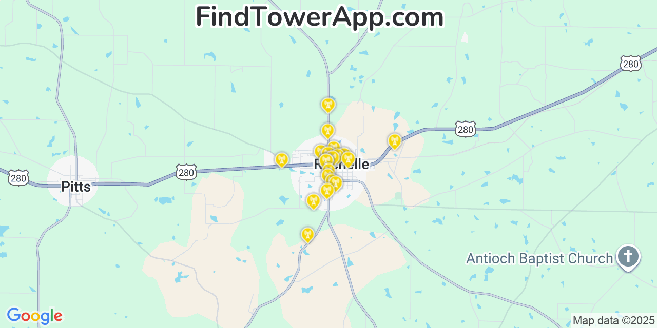 Map showing the 20 primary cell tower locations detected in Rochelle, Georgia from AT&T, Verizon, and T-Mobile networks