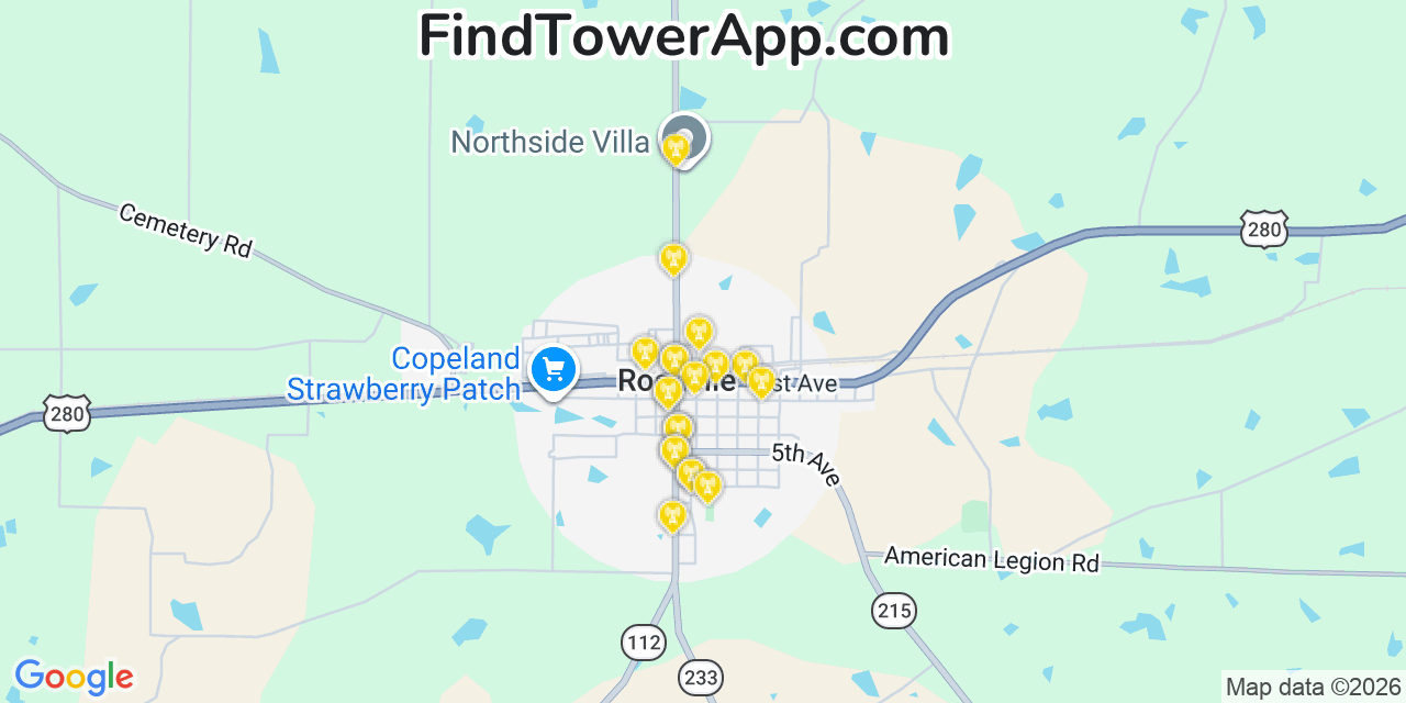 Map showing the 20 primary cell tower locations detected in Rochelle, Georgia from AT&T, Verizon, and T-Mobile networks