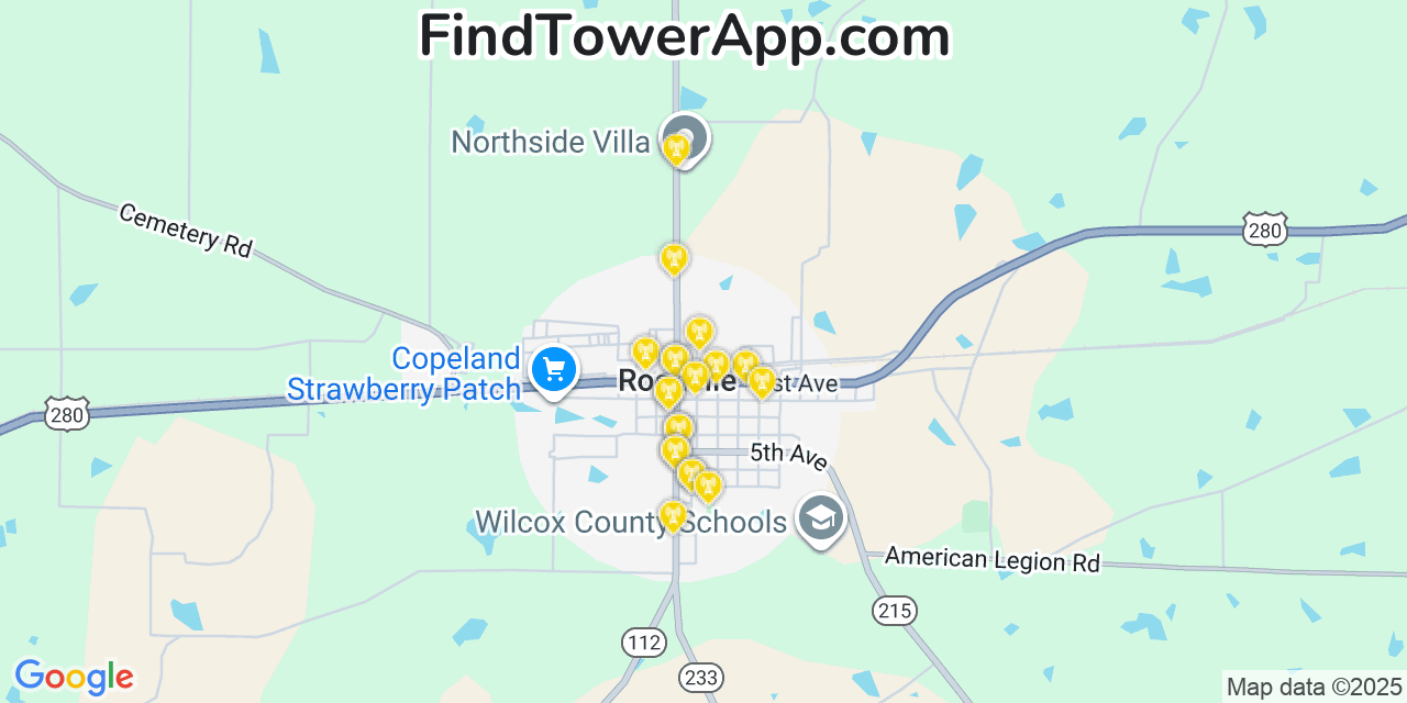 Map showing the 20 primary Mobitel cell tower locations detected in Rochelle, Georgia with coverage radius and signal strength indicators