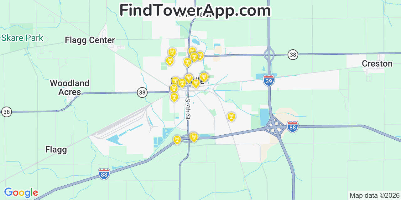 Map showing the 20 primary cell tower locations detected in Rochelle, Illinois from AT&T, Verizon, and T-Mobile networks