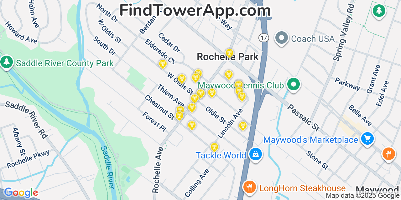 Map showing the 20 primary cell tower locations detected in Rochelle Park, New Jersey from AT&T, Verizon, and T-Mobile networks
