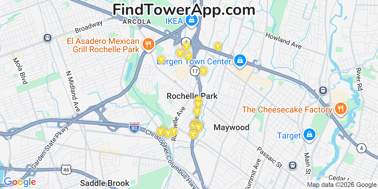 Map showing the 20 primary cell tower locations detected in Rochelle Park, New Jersey from AT&T, Verizon, and T-Mobile networks