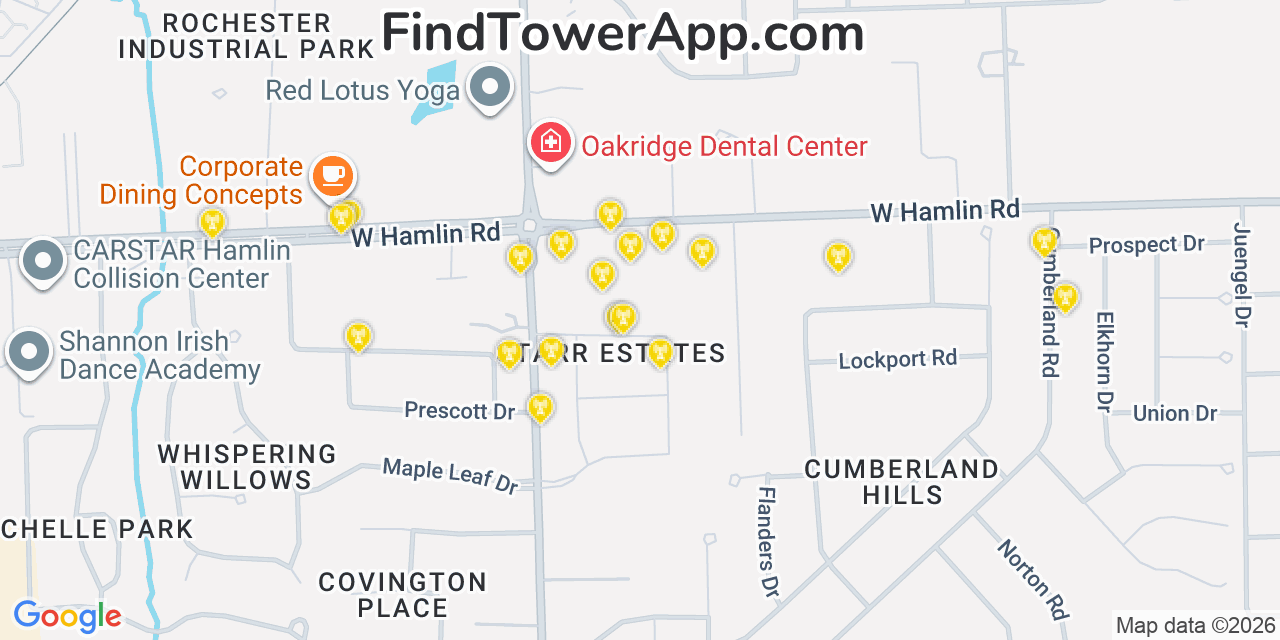 Map showing the 20 primary cell tower locations detected in Rochester Hills, Michigan from AT&T, Verizon, and T-Mobile networks
