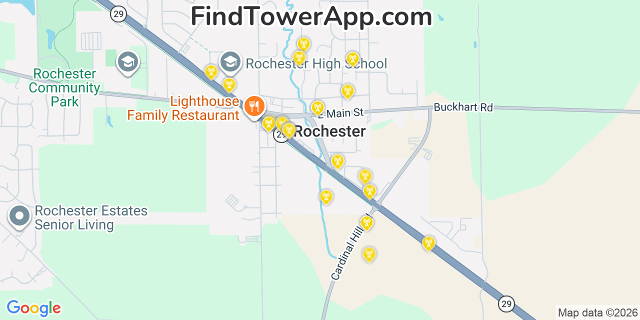 Map showing the 20 primary cell tower locations detected in Rochester, Illinois from AT&T, Verizon, and T-Mobile networks