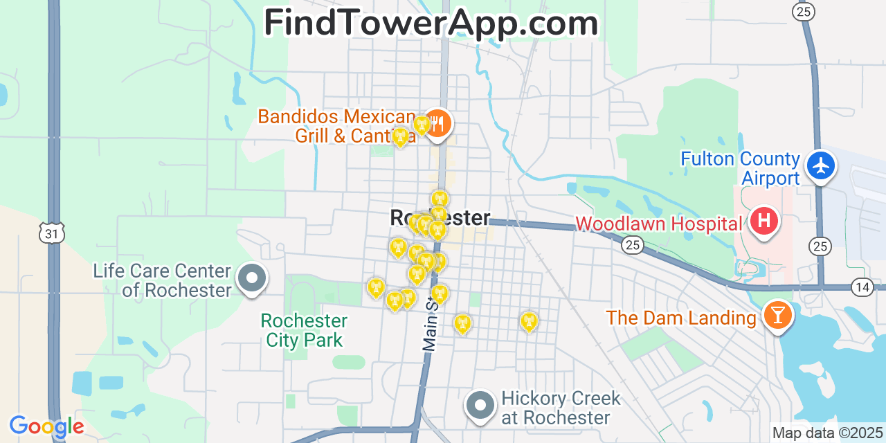 Map showing the 20 primary cell tower locations detected in Rochester, Indiana from AT&T, Verizon, and T-Mobile networks