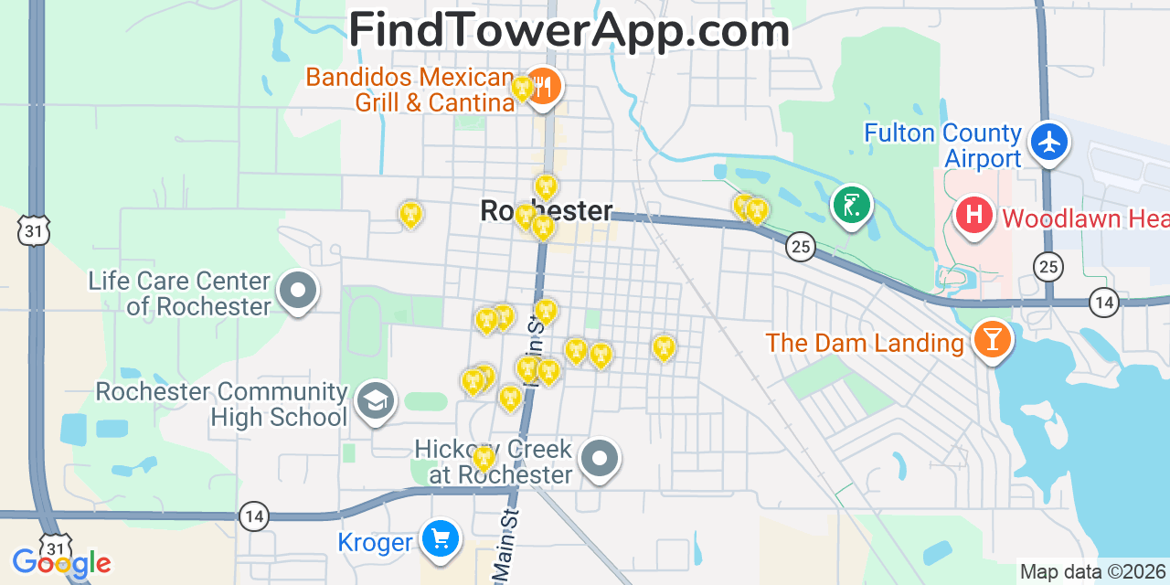 Map showing the 20 primary cell tower locations detected in Rochester, Indiana from AT&T, Verizon, and T-Mobile networks