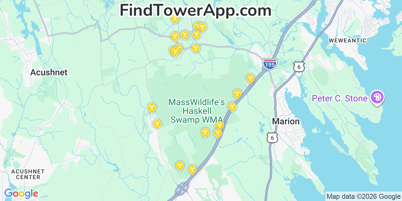 Map showing the 20 primary cell tower locations detected in Rochester, Massachusetts from AT&T, Verizon, and T-Mobile networks