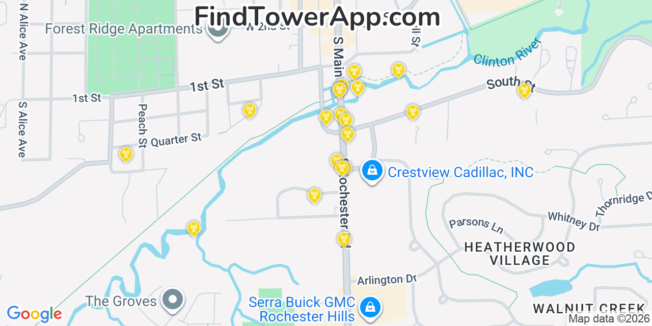Map showing the 20 primary cell tower locations detected in Rochester, Michigan from AT&T, Verizon, and T-Mobile networks