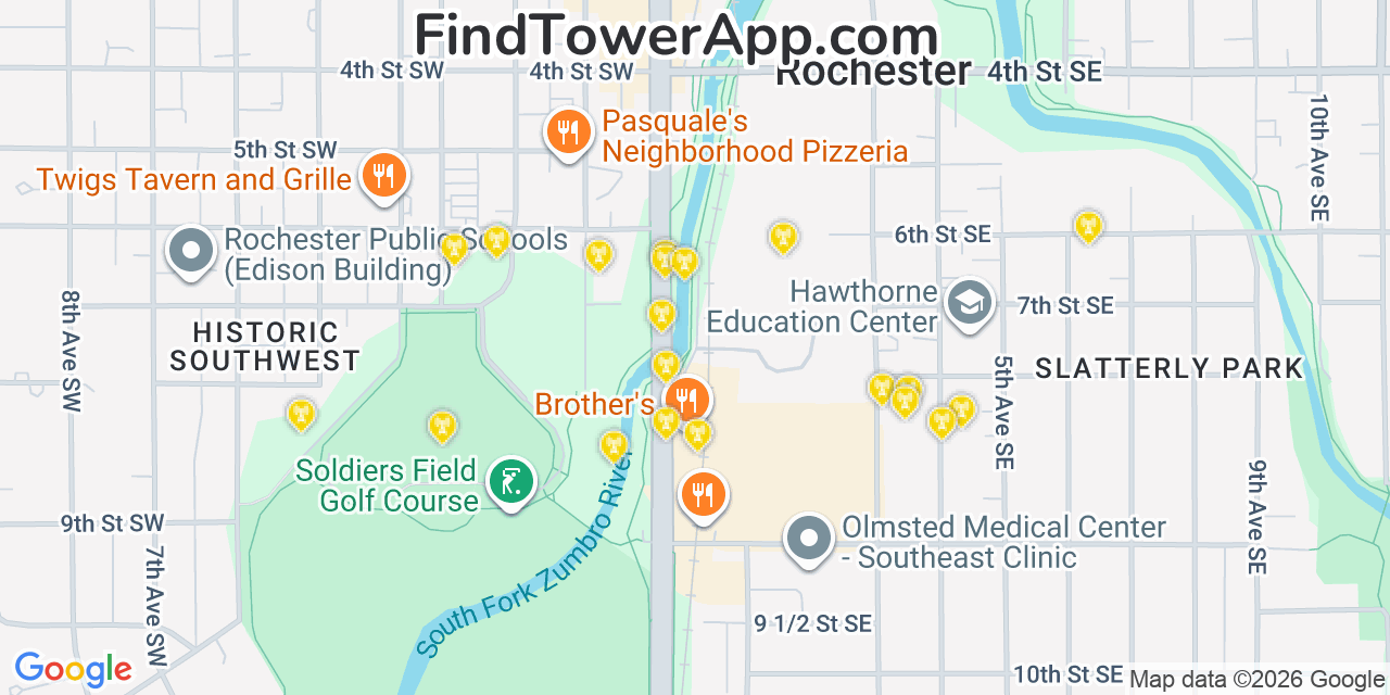 Map showing the 20 primary cell tower locations detected in Rochester, Minnesota from AT&T, Verizon, and T-Mobile networks