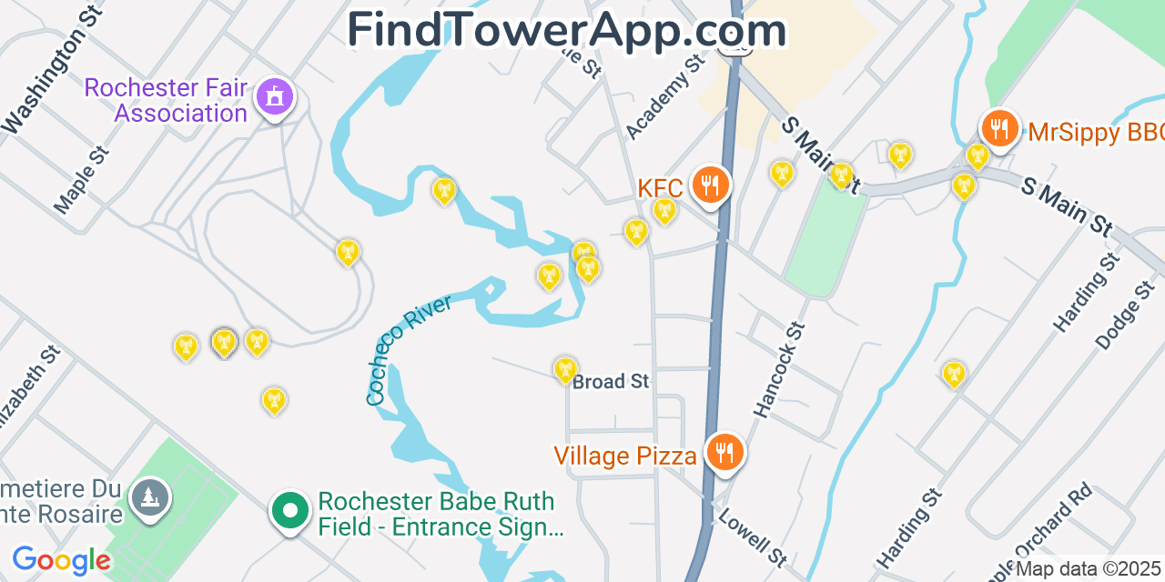 Map showing the 20 primary cell tower locations detected in Rochester, New Hampshire from AT&T, Verizon, and T-Mobile networks