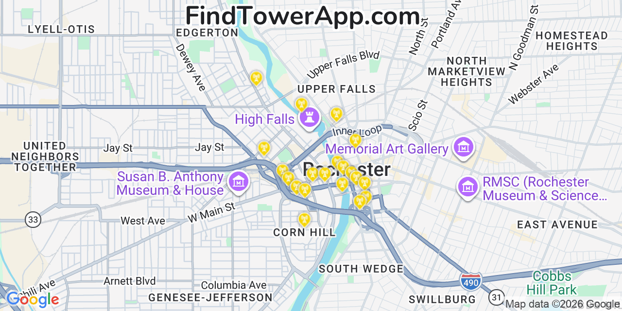 Map showing the 20 primary cell tower locations detected in Rochester, New York from AT&T, Verizon, and T-Mobile networks