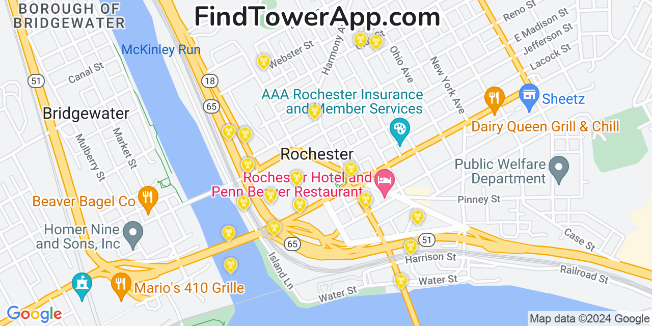 AT&T 4G/5G cell tower coverage map Rochester, Pennsylvania