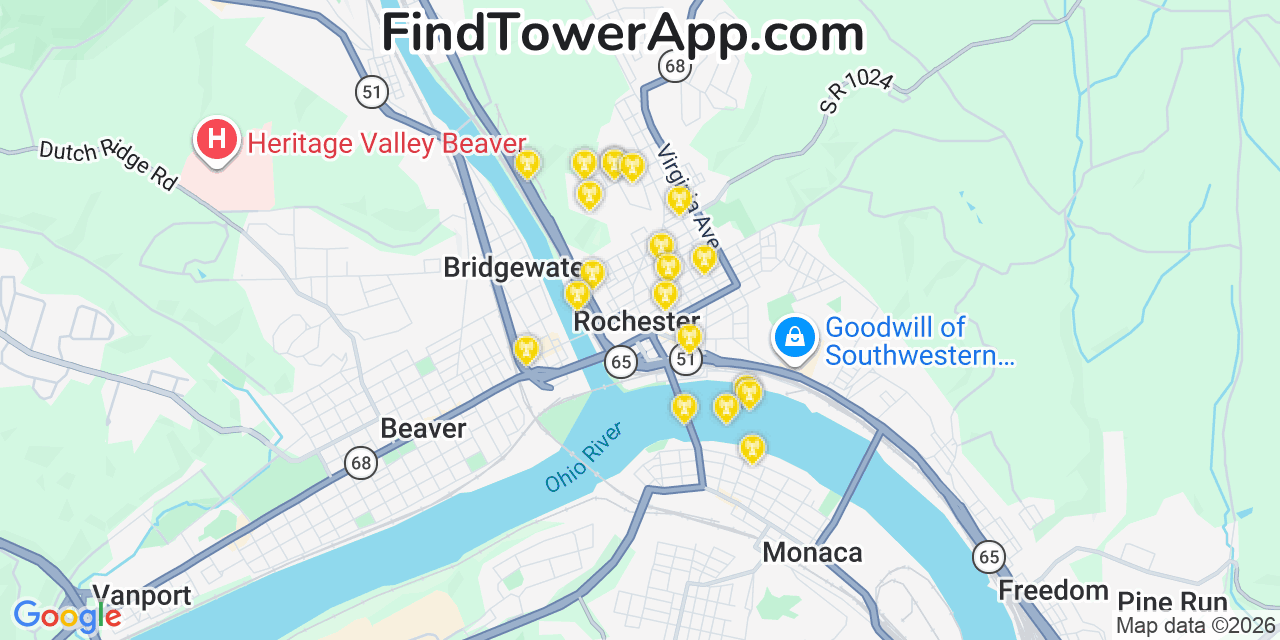 Map showing the 20 primary cell tower locations detected in Rochester, Pennsylvania from AT&T, Verizon, and T-Mobile networks