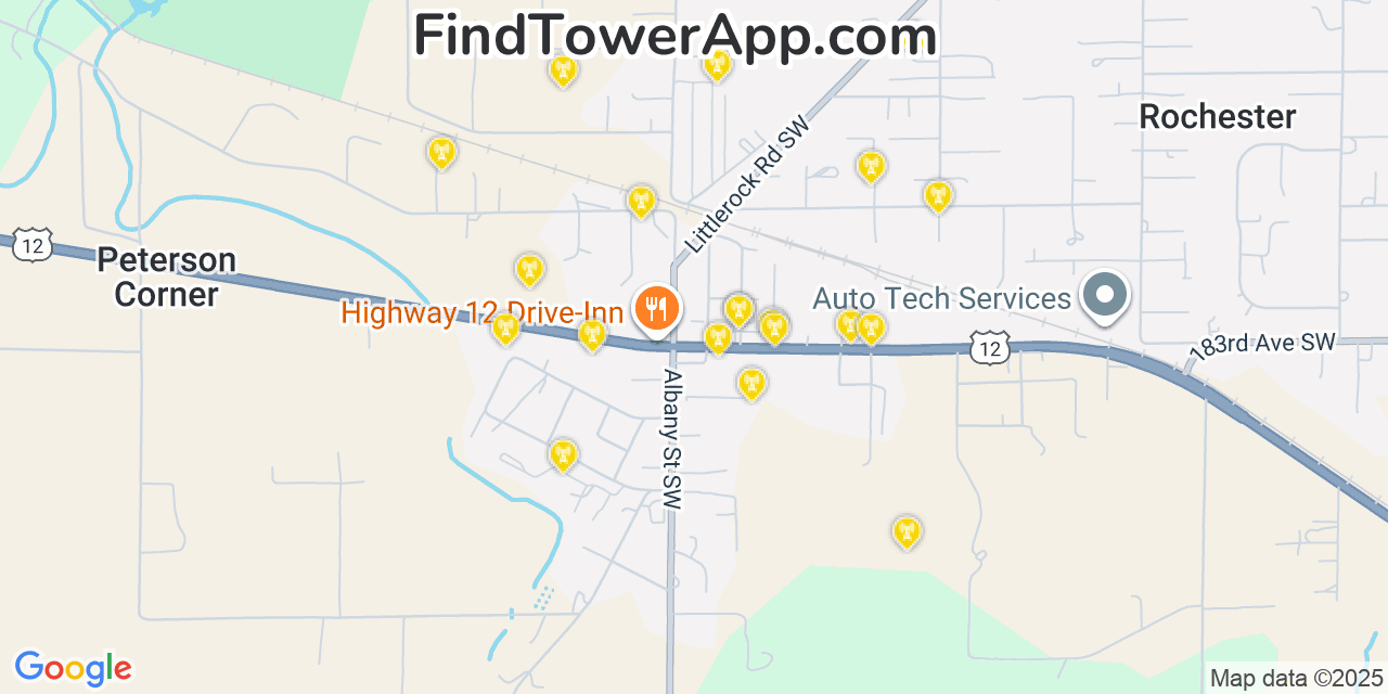 Map showing the 20 primary cell tower locations detected in Rochester, Washington from AT&T, Verizon, and T-Mobile networks