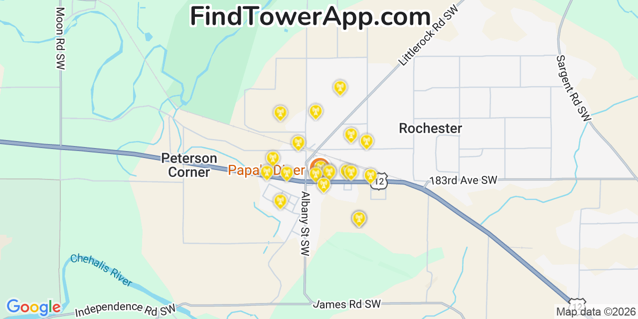 Map showing the 20 primary cell tower locations detected in Rochester, Washington from AT&T, Verizon, and T-Mobile networks