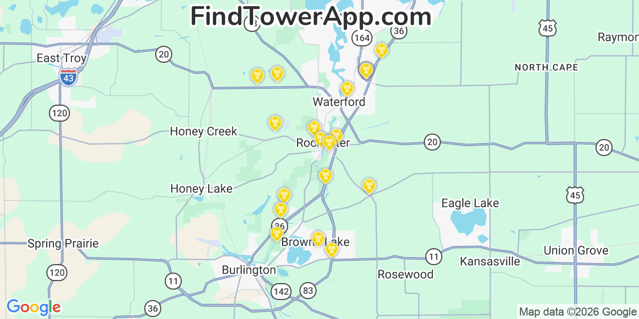 Map showing the 20 primary cell tower locations detected in Rochester, Wisconsin from AT&T, Verizon, and T-Mobile networks