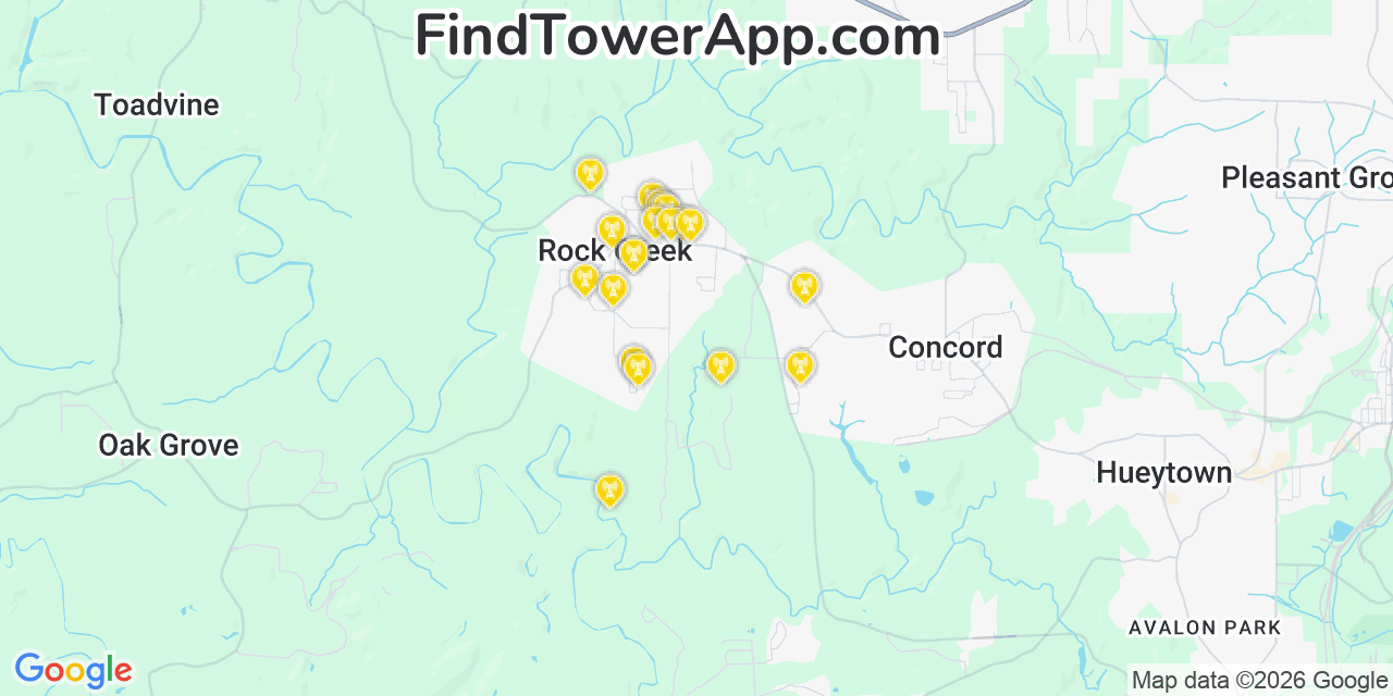 Map showing the 20 primary cell tower locations detected in Rock Creek, Alabama from AT&T, Verizon, and T-Mobile networks