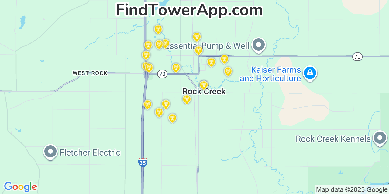 Map showing the 20 primary cell tower locations detected in Rock Creek, Minnesota from AT&T, Verizon, and T-Mobile networks
