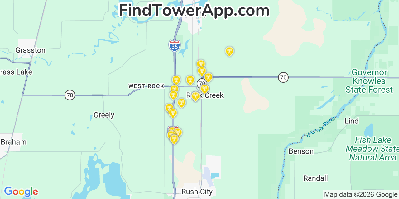 Map showing the 20 primary cell tower locations detected in Rock Creek, Minnesota from AT&T, Verizon, and T-Mobile networks