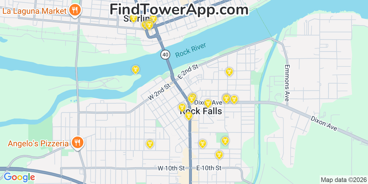 Map showing the 20 primary cell tower locations detected in Rock Falls, Illinois from AT&T, Verizon, and T-Mobile networks
