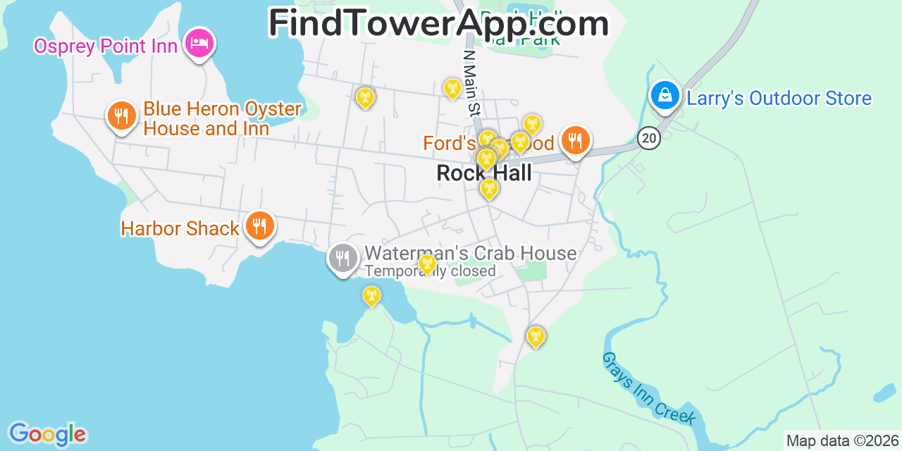 Map showing the 20 primary cell tower locations detected in Rock Hall, Maryland from AT&T, Verizon, and T-Mobile networks