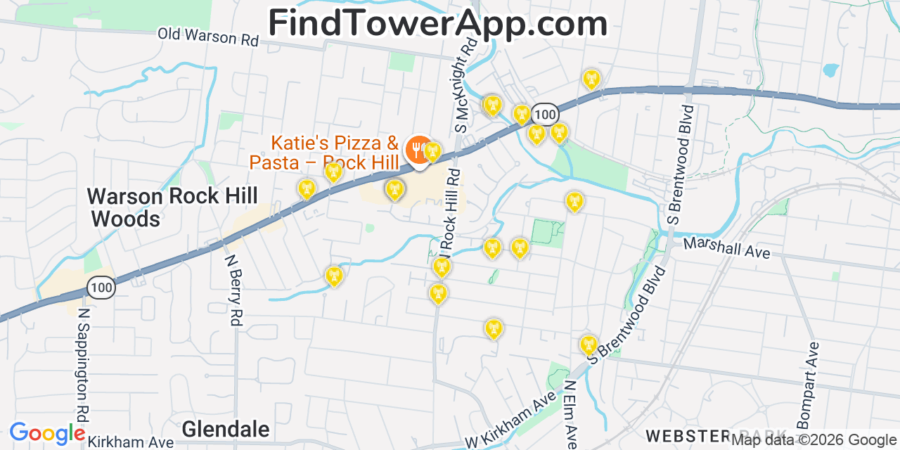 Map showing the 20 primary cell tower locations detected in Rock Hill, Missouri from AT&T, Verizon, and T-Mobile networks
