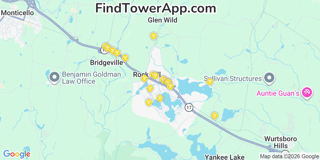 Map showing the 20 primary cell tower locations detected in Rock Hill, New York from AT&T, Verizon, and T-Mobile networks