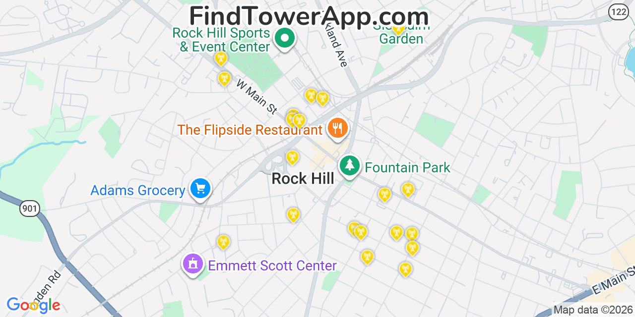 Map showing the 20 primary cell tower locations detected in Rock Hill, South Carolina from AT&T, Verizon, and T-Mobile networks