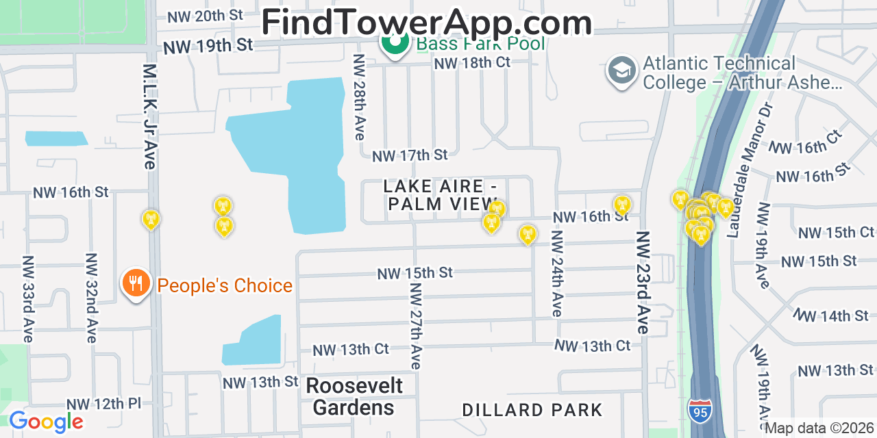 Map showing the 20 primary cell tower locations detected in Rock Island, Florida from AT&T, Verizon, and T-Mobile networks