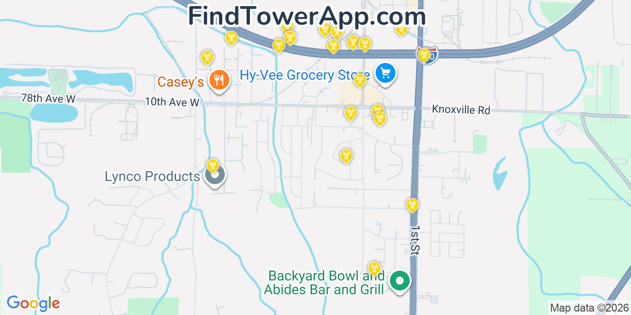 Map showing the 20 primary cell tower locations detected in Rock Island, Illinois from AT&T, Verizon, and T-Mobile networks