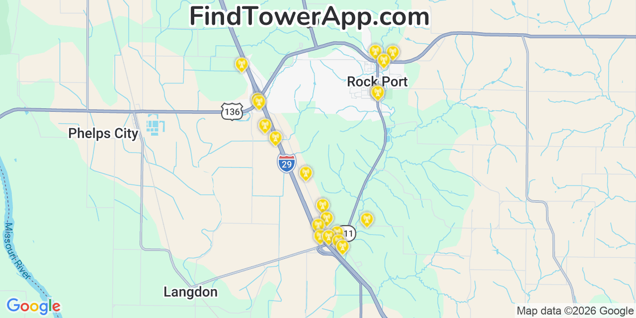 Map showing the 20 primary cell tower locations detected in Rock Port, Missouri from AT&T, Verizon, and T-Mobile networks