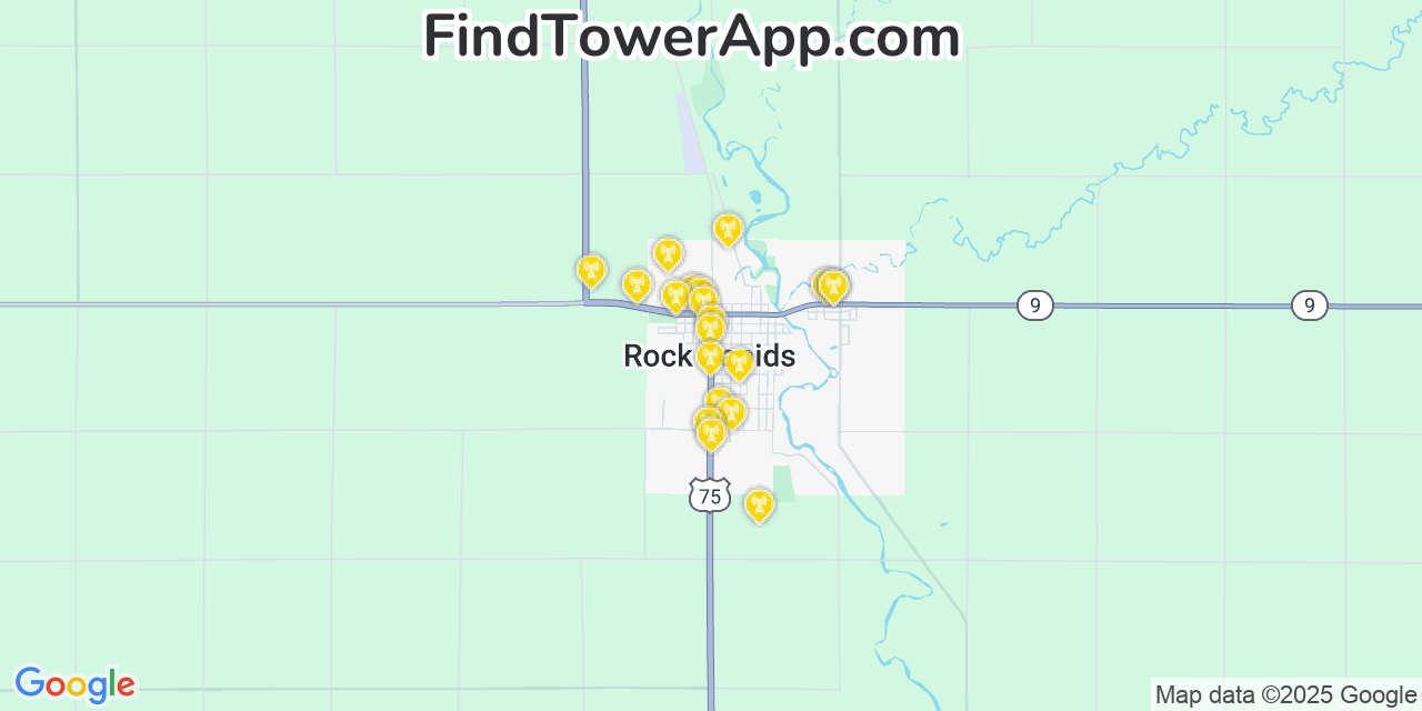 Map showing the 20 primary cell tower locations detected in Rock Rapids, Iowa from AT&T, Verizon, and T-Mobile networks