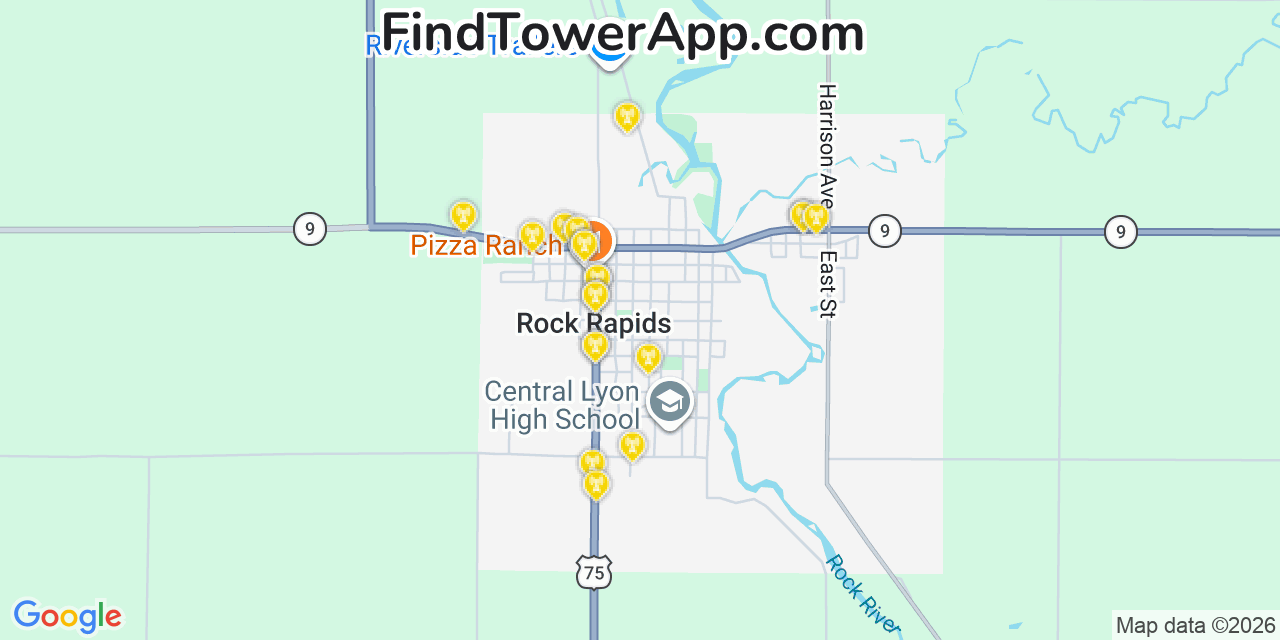 Map showing the 20 primary cell tower locations detected in Rock Rapids, Iowa from AT&T, Verizon, and T-Mobile networks