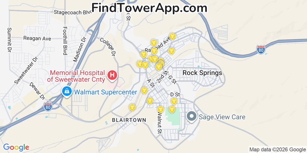 Map showing the 20 primary cell tower locations detected in Rock Springs, Wyoming from AT&T, Verizon, and T-Mobile networks