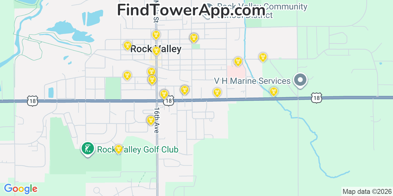 Map showing the 20 primary cell tower locations detected in Rock Valley, Iowa from AT&T, Verizon, and T-Mobile networks