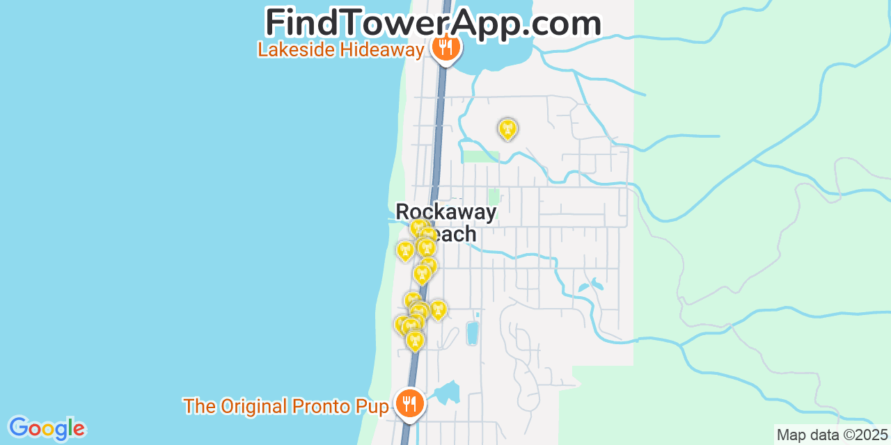 Map showing the 20 primary cell tower locations detected in Rockaway Beach, Oregon from AT&T, Verizon, and T-Mobile networks