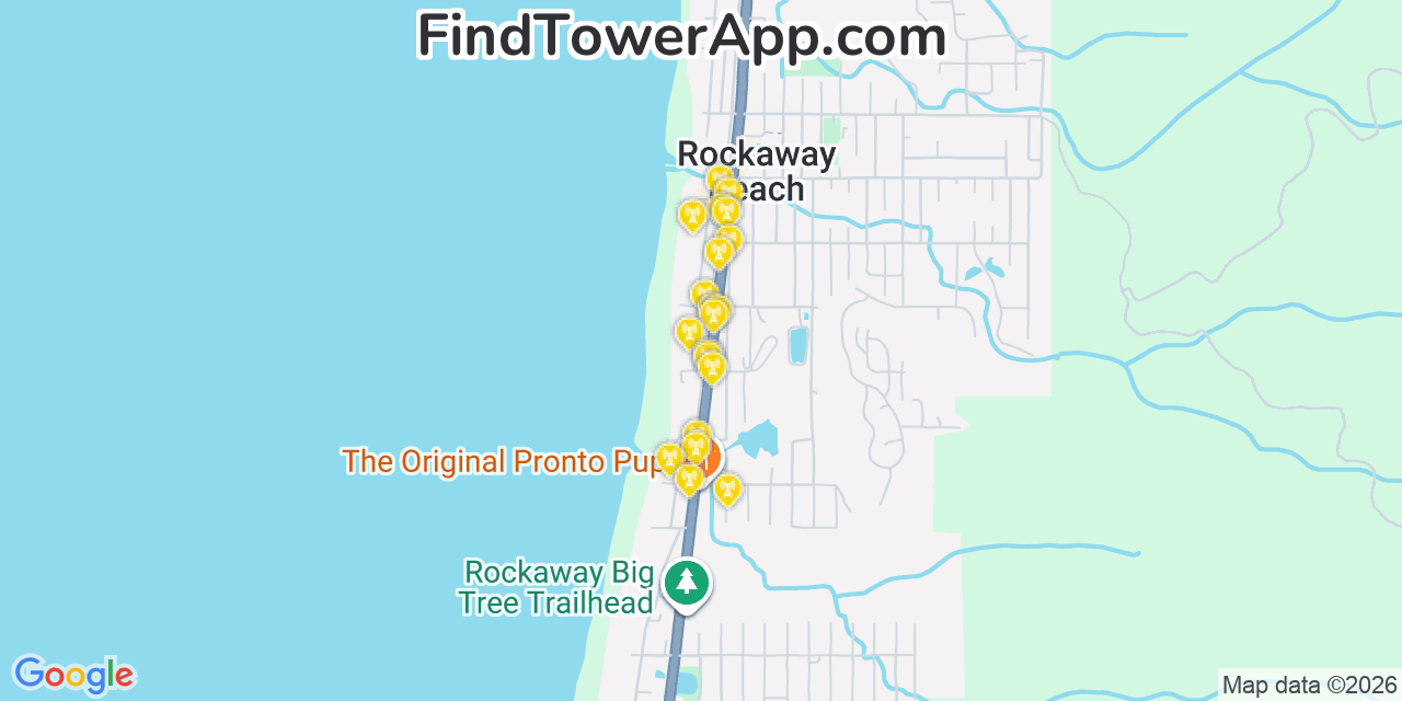Map showing the 20 primary cell tower locations detected in Rockaway Beach, Oregon from AT&T, Verizon, and T-Mobile networks