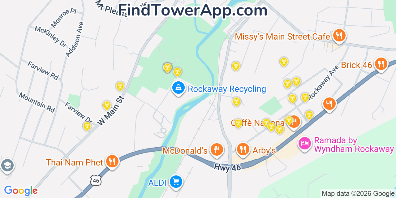 Map showing the 20 primary cell tower locations detected in Rockaway, New Jersey from AT&T, Verizon, and T-Mobile networks