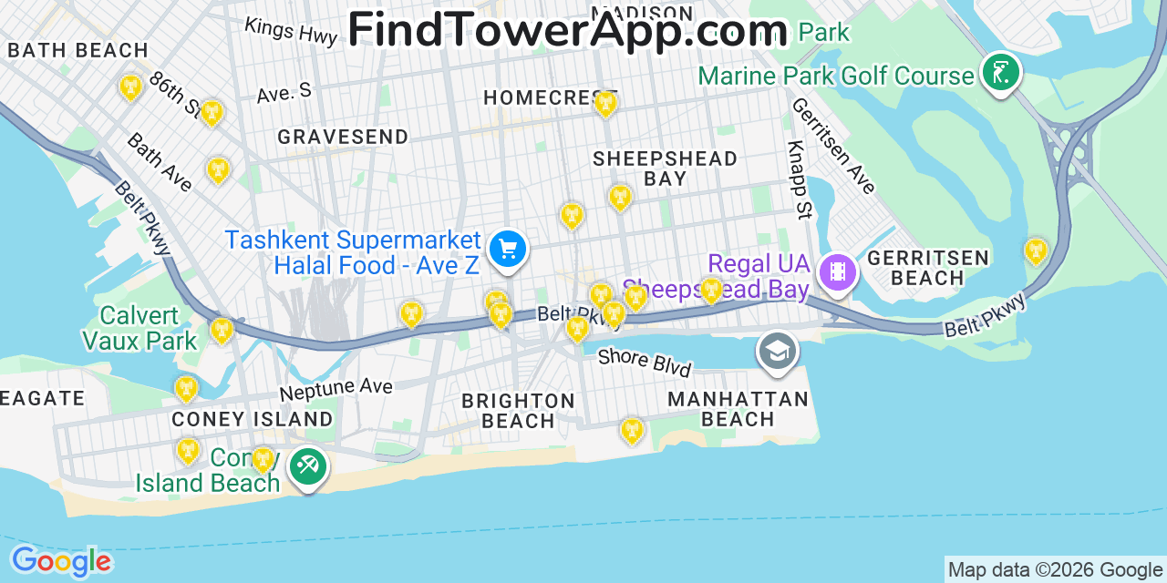 Map showing the 20 primary cell tower locations detected in Rockaway Point, New York from AT&T, Verizon, and T-Mobile networks