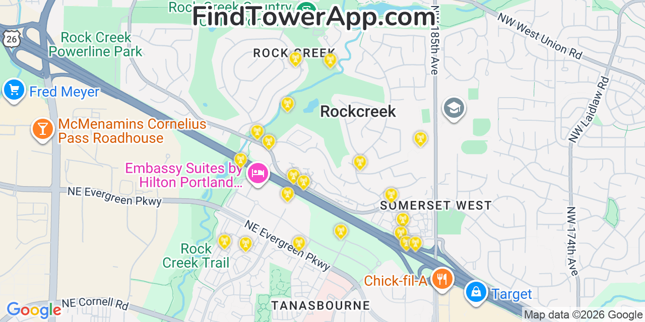 Map showing the 20 primary cell tower locations detected in Rockcreek, Oregon from AT&T, Verizon, and T-Mobile networks