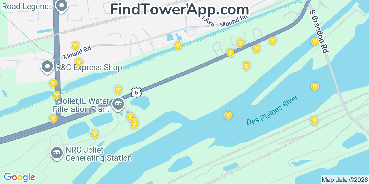 Map showing the 20 primary cell tower locations detected in Rockdale, Illinois from AT&T, Verizon, and T-Mobile networks
