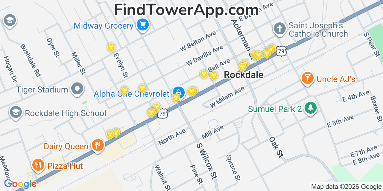 Map showing the 20 primary cell tower locations detected in Rockdale, Texas from AT&T, Verizon, and T-Mobile networks