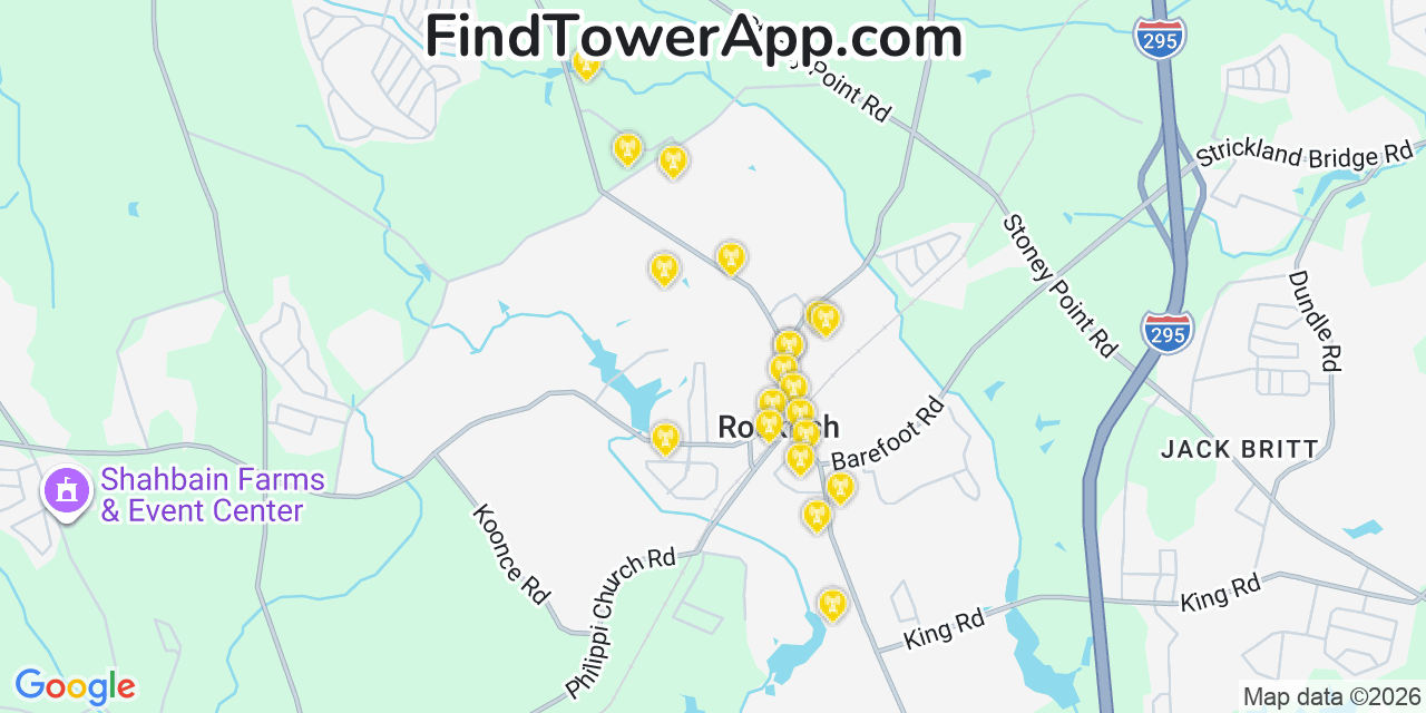 Map showing the 20 primary cell tower locations detected in Rockfish, North Carolina from AT&T, Verizon, and T-Mobile networks