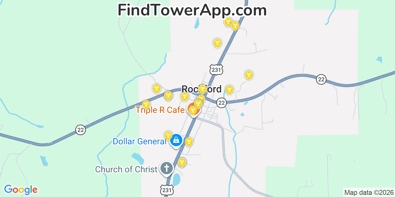 Map showing the 20 primary cell tower locations detected in Rockford, Alabama from AT&T, Verizon, and T-Mobile networks