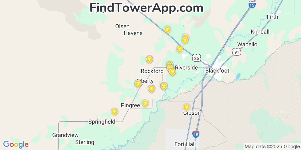 Map showing the 21 primary AT&T cell tower locations detected in Rockford, Idaho with coverage radius and signal strength indicators