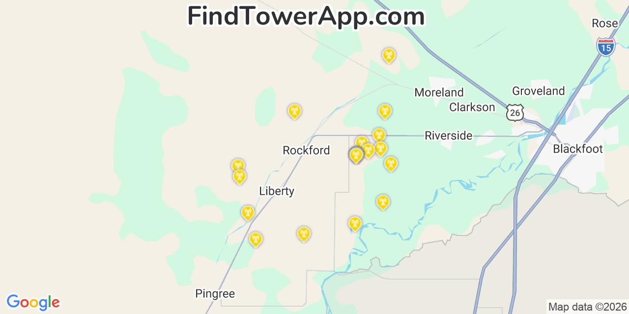 Map showing the 20 primary cell tower locations detected in Rockford, Idaho from AT&T, Verizon, and T-Mobile networks