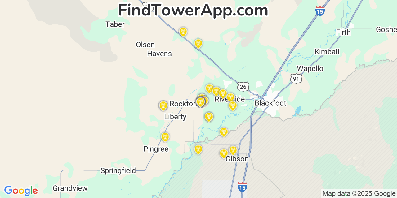 Map showing the 30 primary T-Mobile cell tower locations detected in Rockford, Idaho with coverage radius and signal strength indicators